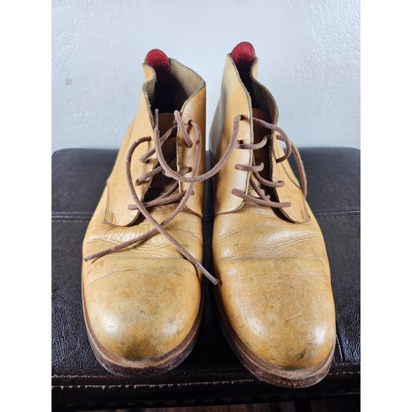 John Fluevog Yellow Camel Tan Lace Leather Preppy Honor is Strength Boots sz 8